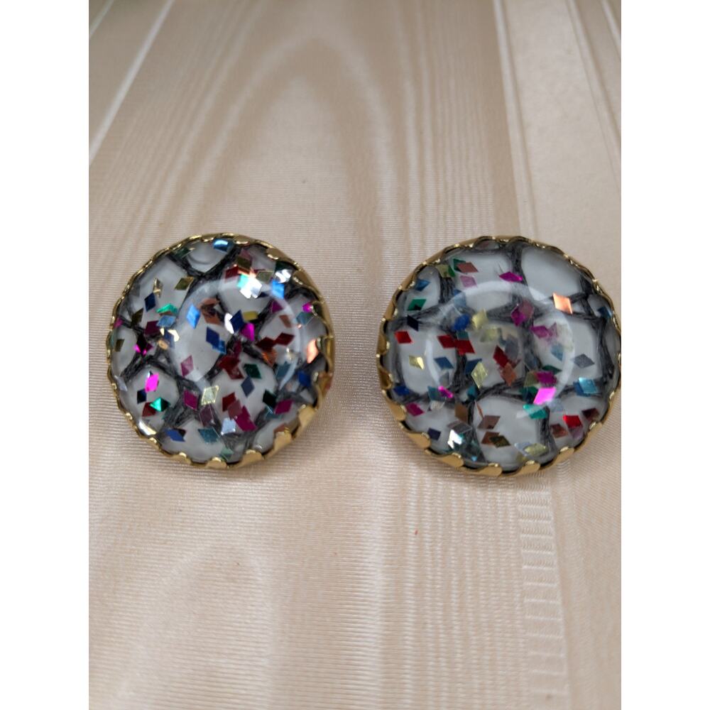 Vintage 60s Sarah Cov Lucite Confetti Earrings Signed Clip-on Mid Century